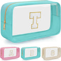 Personalized Initial Clear Makeup Bag, Travel Chenille Patch Cosmetic Bag, Preppy Toiletry Bag Monogram Cosmetic Pouch with Zipper, Ideal Gift for Teen Girls Women (Clear-Green, T)