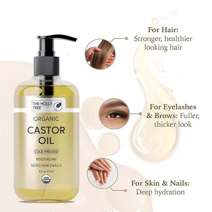 THE HOLLY TREE Organic Castor Oil - Cold Pressed 9 fl oz - 100% Pure & Hexane Free - Castor Oil for Hair Growth - Moisturizing & Nourishing - for Face & Body