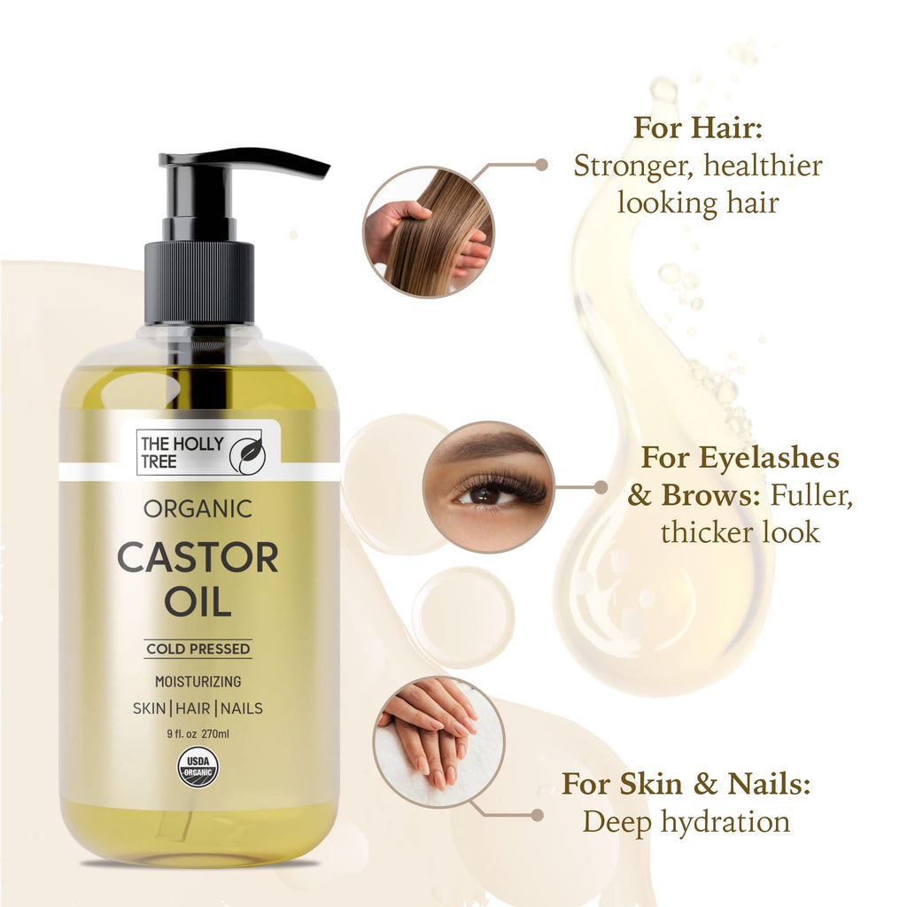 THE HOLLY TREE Organic Castor Oil - Cold Pressed 9 fl oz - 100% Pure & Hexane Free - Castor Oil for Hair Growth - Moisturizing & Nourishing - for Face & Body