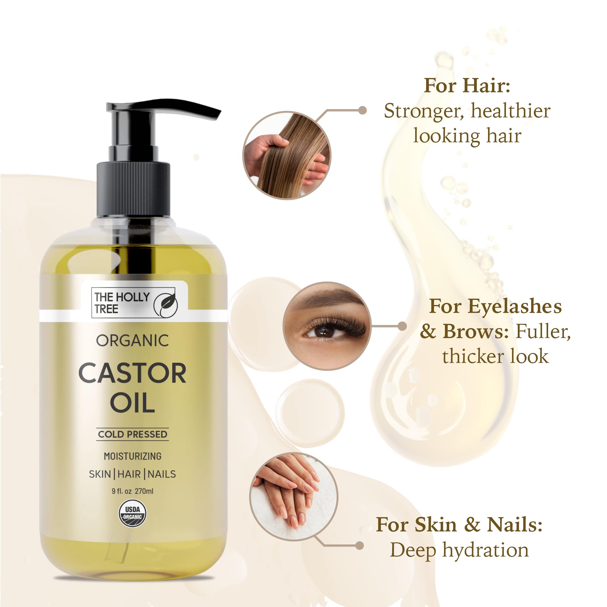 THE HOLLY TREE Organic Castor Oil - Cold Pressed 9 fl oz - 100% Pure & Hexane Free - Castor Oil for Hair Growth - Moisturizing & Nourishing - for Face & Body