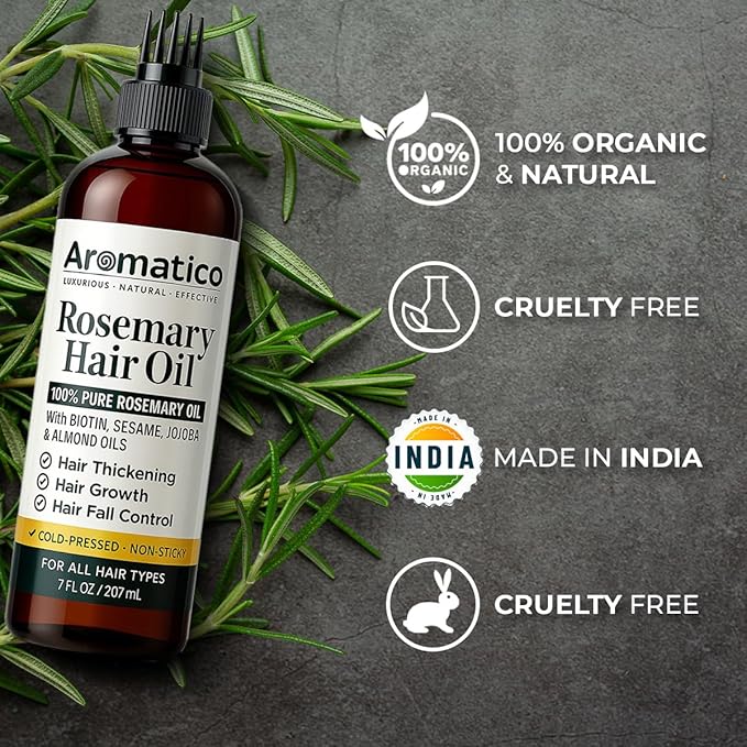Aromatico Rosemary Hair Oil with Sesame, Jojoba and Almond Oils, Non-Sticky Hair Care Oil with Applicator Cap, 7 Fl Oz