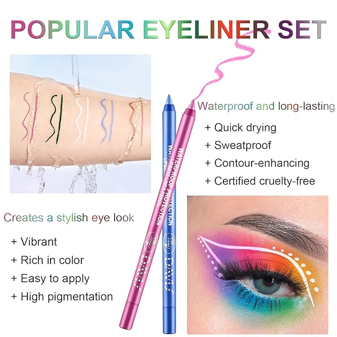 Meilury 15 Colorful Eyeliner Pen Set, Eye Shadow Pencil, Pearl Eyeliner Kit Metallic Glitter Colored Eye liner for Women Eye&Lip Liner Professional Waterproof Eye Makeup