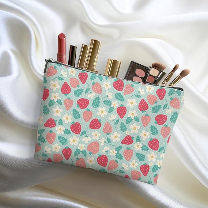DHKG Cute Flowers Strawberry Makeup Bag Floral Cosmetic Bag Friend Friendship Gifts for Women Girls Sister Mom Coworker Botanical Travel Organizer Zipper Pouch Christmas Thanksgiving Birthday Gifts
