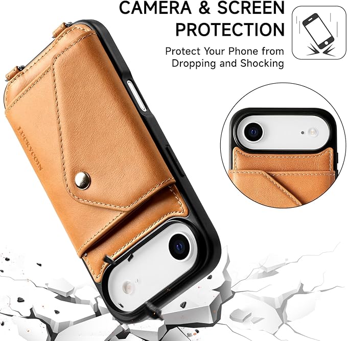 LUCKYCOIN Crossbody Phone Case for iPhone Air,100% Genuine Leather Phone Wallet Case for Women,Fashion Premium Hands-Free Phone Purse with Expandable Flip Card Holder & Adjustable Strap - Retro Tan