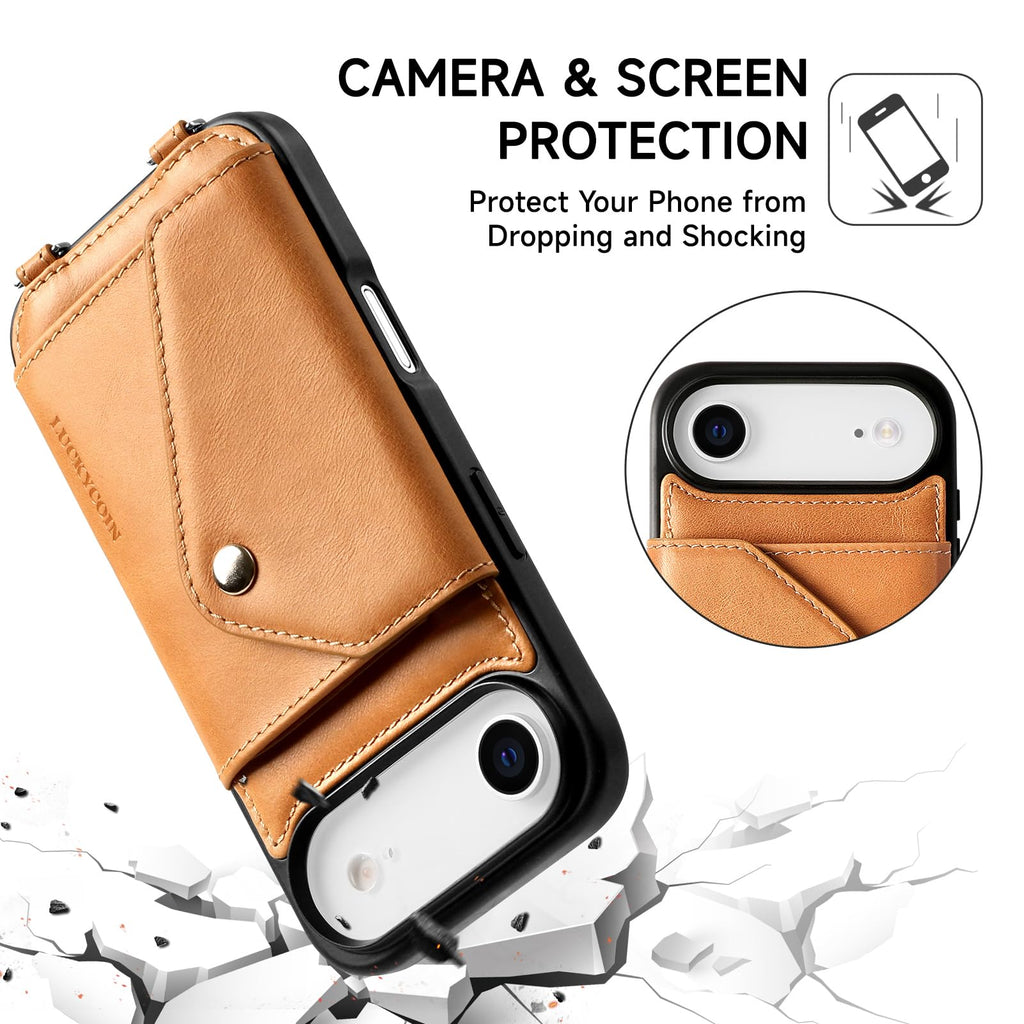 LUCKYCOIN Crossbody Phone Case for iPhone Air,100% Genuine Leather Phone Wallet Case for Women,Fashion Premium Hands-Free Phone Purse with Expandable Flip Card Holder & Adjustable Strap - Retro Tan