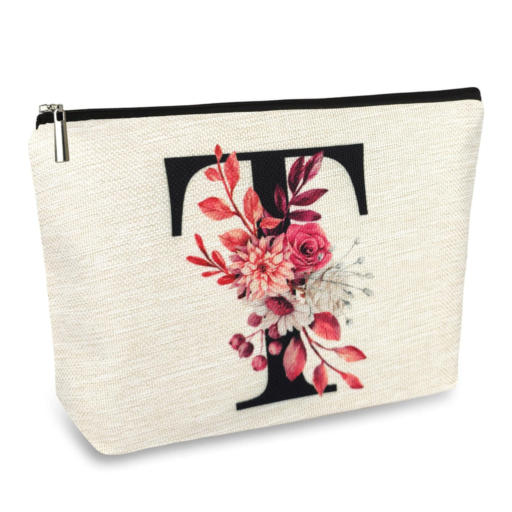 Initial A-Z Personalized Floral Makeup Bag, Monogrammed Birthday Gifts for Women Mom, Mothers Day Christmas Gift Ideas for Best Friend, Bride Bridesmaid, Her, Grandma, Small Travel Cosmetic Bag (T)