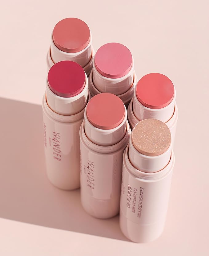 "Wander Beauty On-the-Glow Blush and Illuminator - Petal Pink/Nude Glow - 7-in-1 Hydrating Cream Blush & Highlighting Stick - Stick Blush for Cheeks, Lip, Face & Body - Highlighter Makeup & Blush"