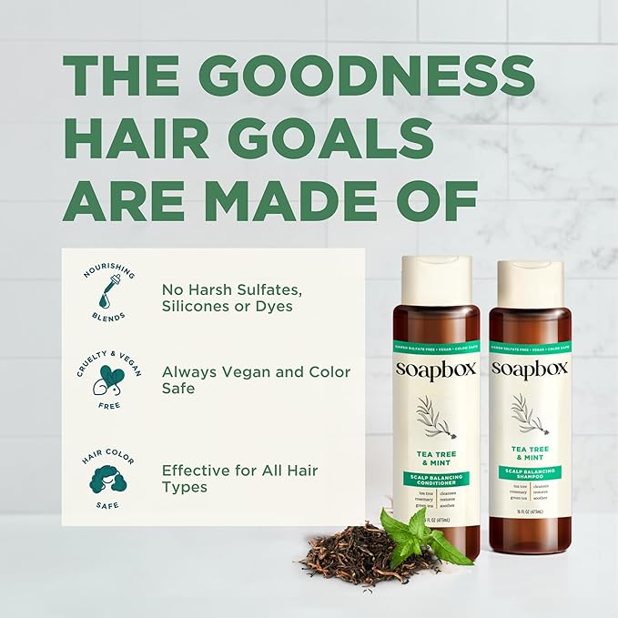 Soapbox Tea Tree Oil & Mint Shampoo & Conditioner Set, Leaves Hair & Scalp Balanced & Soothed - Clean Ingredients Free of Harsh Chemicals, Sulfates, Parabens & Silicones - 1 Liter Each