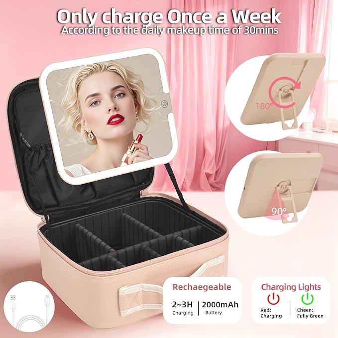 Yaliang Travel Makeup Bag, Portable Makeup Case with LED Mirror, Removable Mirror with 3 Color Modes, 8 Adjustable EVA Dividers for Brushes Toiletry Jewelry Digital Accessories, Hot Pink