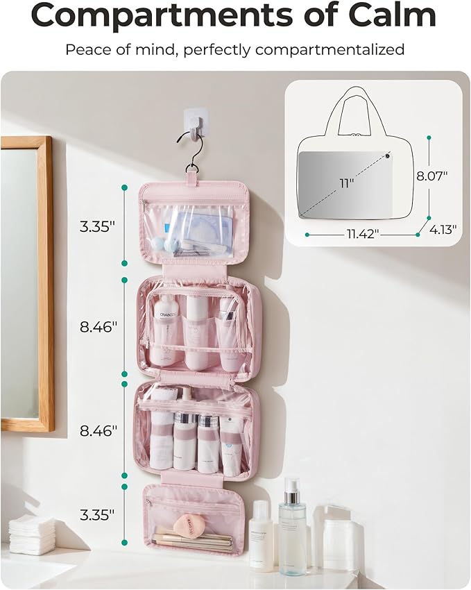 BAGSMART Travel Toiletry Bag for women, Portable Hanging Hook Makeup Bag Organizer, Waterproof Makeup Cosmetic Bag, for Full-Size Accessories, Toiletries, Beige