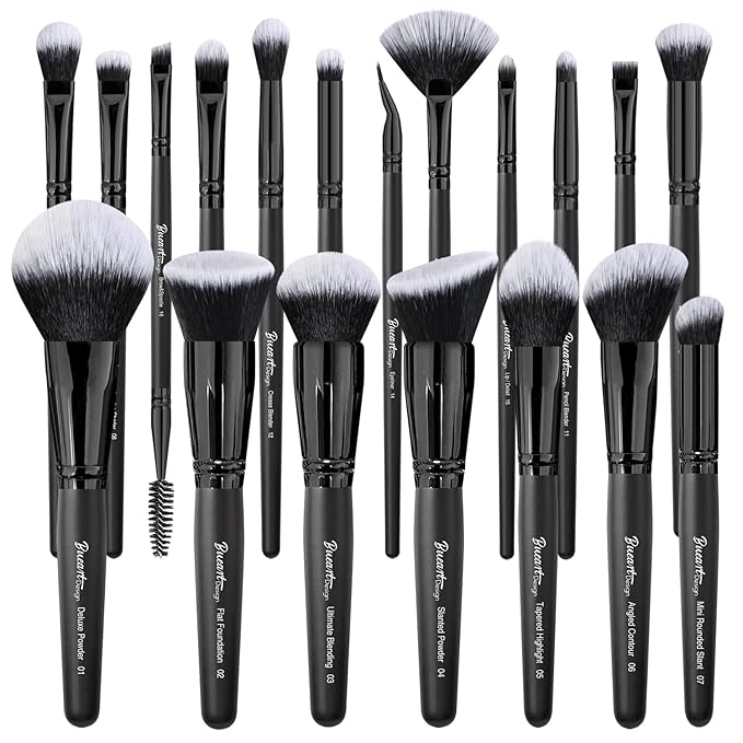 Bueart Design 19Pcs Ultra Soft Black Labeled Dense Hair Makeup Brushes Set