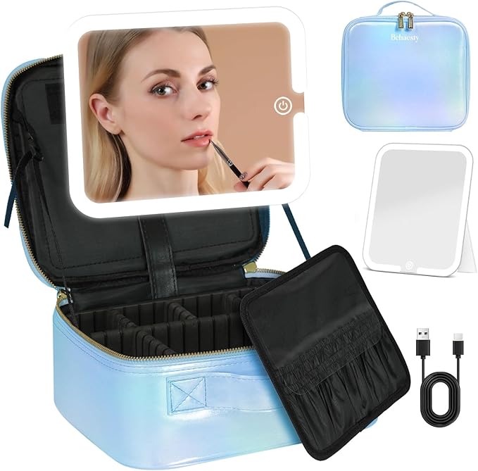 Behaesty Travel Makeup Bag with LED Lighted Mirror, Cosmetic Makeup Organizer Bag with 3 Color Setting, Makeup Train Case with Adjustable Dividers for Women Makeup Brushes Jewelry Accessories