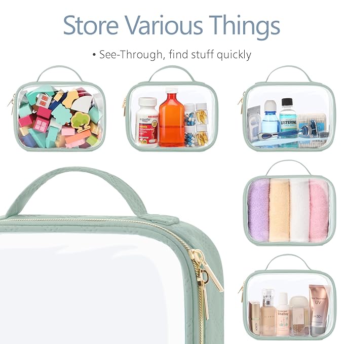 PACKISM Clear Makeup Bag Travel - TSA Approved Toiletry Bag, 3 Pack Green