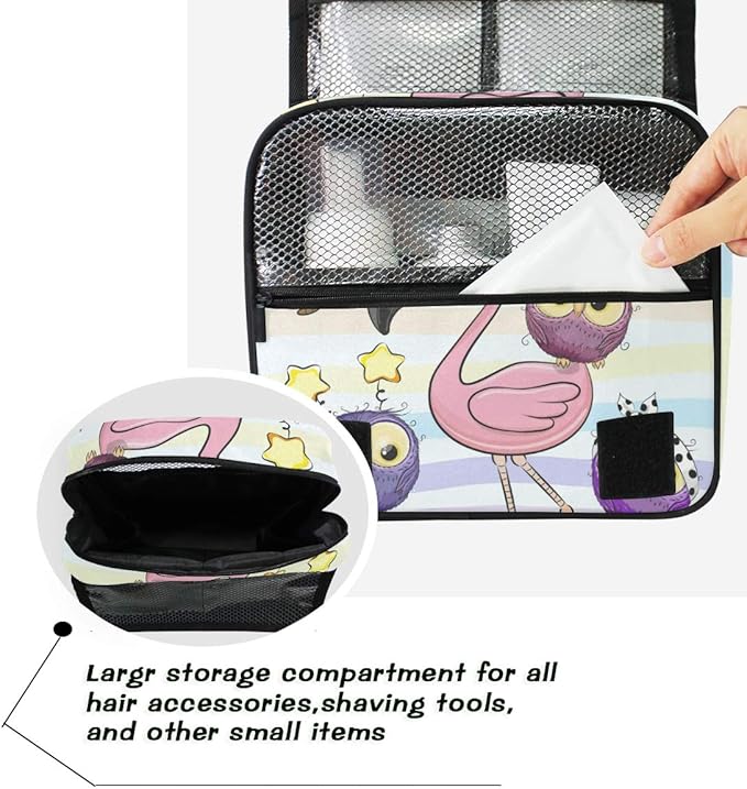 senya Hanging Travel Toiletry Bag Cute Cartoon Pink Flamingo And Five Owls Kit Makeup Case Cosmetics Organizer for Men Women