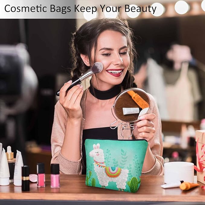 Kalygon Makeup Bag Llama Makeup Bags For Purse Pouch, Funny Llama Alpaca Cactus Floral Green Travel Toiletry Bag Cosmetic Bag Makeup Bags Flax Makeup Organizer Bag Pencil Pouch For Man Woman
