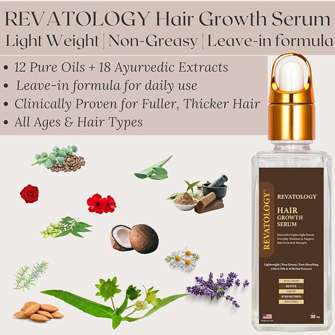 Revatology Hair Growth Serum for Women & Men, Daily Leave-In Scalp Serum for Thinning Hair & Hair Fall, Lightweight Botanical Serum with Rosemary, Castor, Amla, Bhringraj, 12 Oils & 18 Herbs