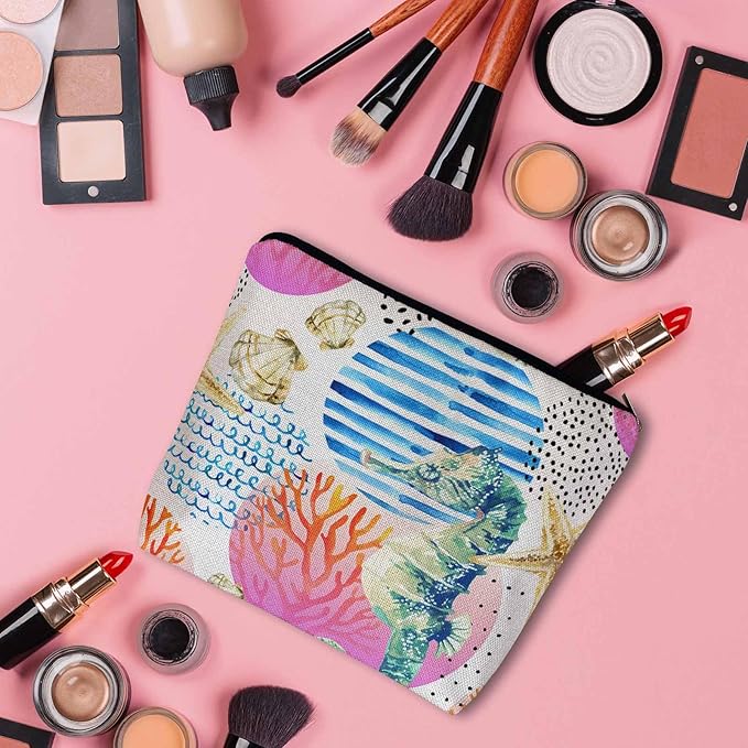 Kalygon Makeup Bag Seahorse Makeup Bags For Purse Pouch, Sea Animal Coral Reef Seashell Seahorses Travel Toiletry Bag Cosmetic Bag Makeup Bags Flax Makeup Organizer Bag Pencil Pouch For Man Woman