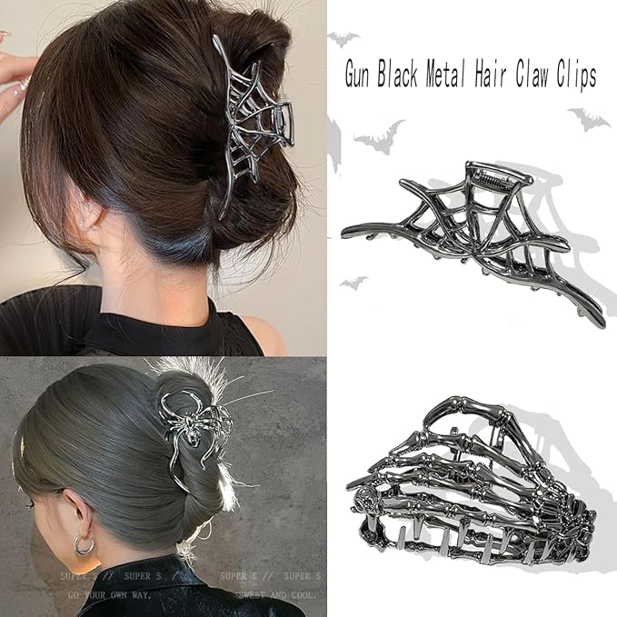 Parcce 3 Pieces Large Metal Spider Net Hand Hair Claw Clips for Women and Girls Thick Long Hair, Nonslip Skeleton Spooky Barrette Headband Hair Styling Accessories for Halloween