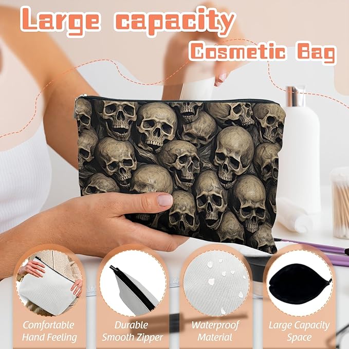 Scribesense Makeup Bag Travel Cosmetic Bags Small Makeup Case Waterproof Zipper Pouch for Women Girls 7X9inches - Array of Human Skulls in A Dark Setting