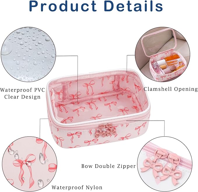 RSRSLEII Cute Clear Makeup Bag with Bow Patten,Transparent Nylon Travel Cosmetic Case with Zipper,Portable Makeup Organizer Pouch for Essentials(05Pinkbow-white)