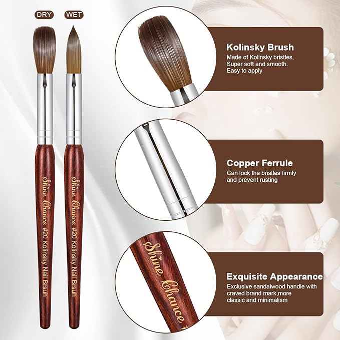 Acrylic Nail Art Brush Size 20, 100% Pure Kolinsky Hair Oval Nail Brush for Acrylic Application, Professional Nail Extension Manicure Tool Striping Nail Drawing Pen for DIY Home Salon