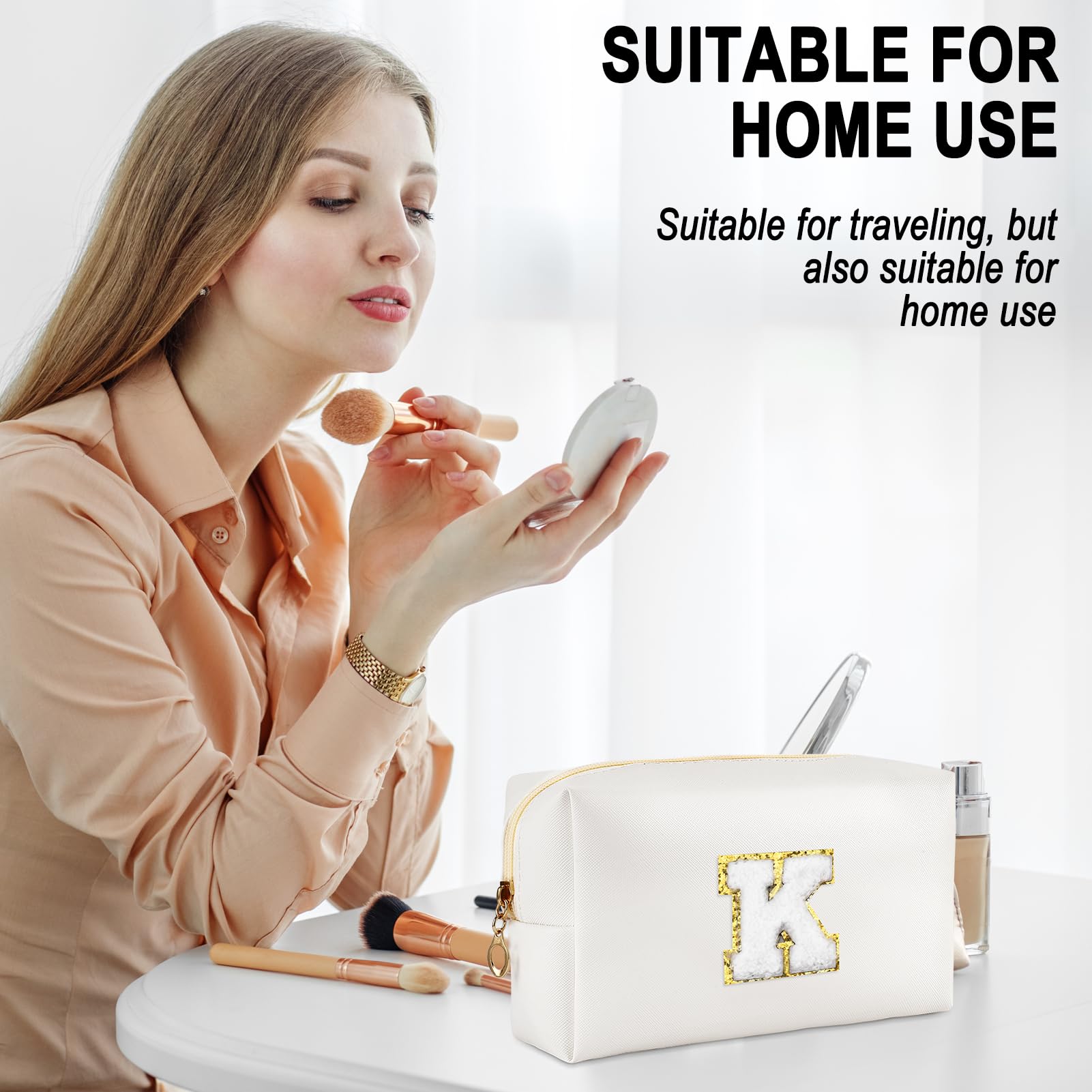 URSKYTOUS Gifts for Girls Initial Makeup Bag Personalized Cosmetic Bag with Zipper Cute Travel Toiletry Bags Waterproof PU Preppy Makeup Pouch Birthday Gift for Teen Girls Women(White K)