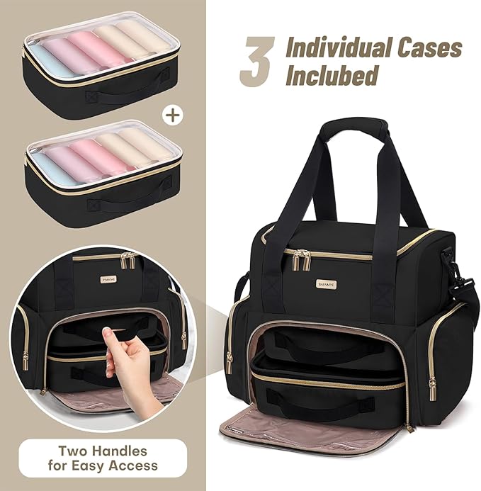 BAFAMYE Large Makeup Travel Cosmetic Bag with 2 Removable Case, Double Layer Big Travel Make Up Organizer Case, Toiletry Bag for Women, Train Cases Bags