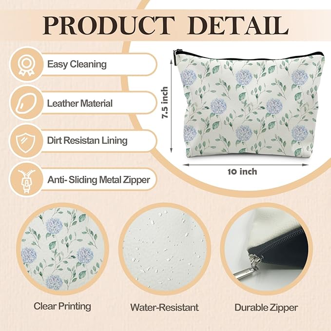RYYCDOI Blue Hydrangea Floral Weather Makeup Bag, Cosmetic Toiletry Bag for Women, Coquette Makeup Pouch, Aesthetic Pouch, Hydrangea Gifts(PU)