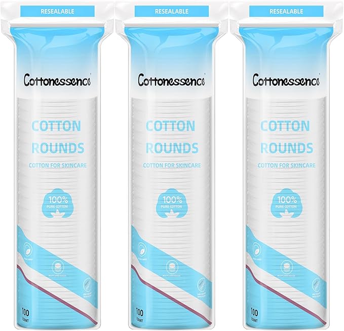 Cotton Rounds for Facial Cleansing and Nail Polish Removal (300count) - 100 Count, Pack of 3,100% Pure Cotton, Hypoallergenic Makeup Remover Pads, Lint-Free Multi-Layer Design