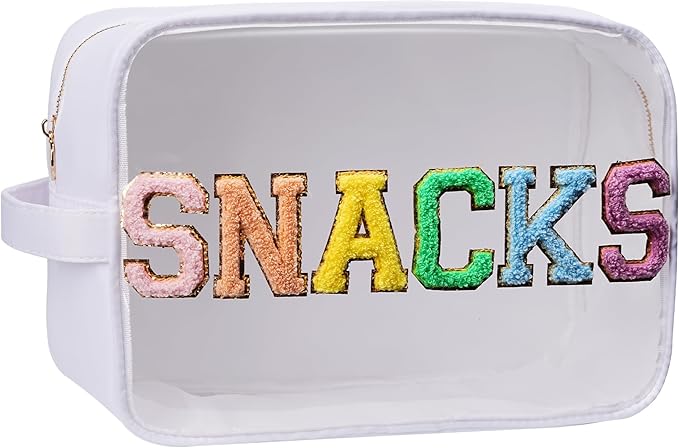 YogoRun Clear Large Chenile Letter Snack Bag Travel Essentials Clear Toiletry Bag for Travelling Make Up Bag Women Cosmetic Organizer (XL,White-Snacks)