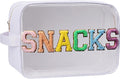 YogoRun Clear Large Chenile Letter Snack Bag Travel Essentials Clear Toiletry Bag for Travelling Make Up Bag Women Cosmetic Organizer (XL,White-Snacks)
