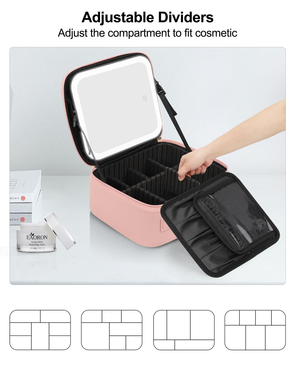 Chomeiu Makeup Bag with LED Mirror, Cute Cosmetic Bags for Women and Girls, Travel Train Case Artists Organizer Large Make Up Bags with 3 Color Light Up Mirror & Removable Brush Compartment, Pink