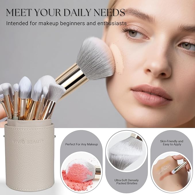 Vivid Beauty Makeup Brush Set, 18 Pcs Make up Brushes for Face and Eye with Travel Case – Natural Wood Handles – Unique Pointed Design, Makeup Brushes for Professional & Beginner Makeup Lovers (Gray)