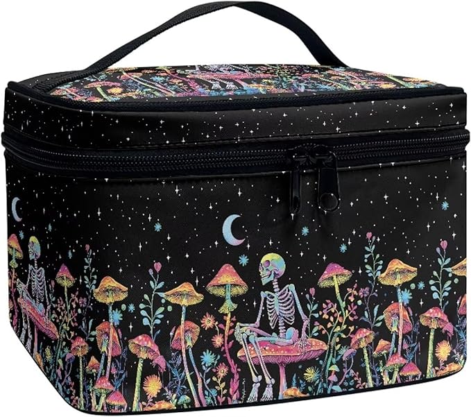 Drydeepin Colorful Mushroom Skull Floral Pattern Travel Makeup Bag for Women Large Capacity Cosmetic Bag with Zipper and Handle Portable Toiletry Bag Make Up Organizers