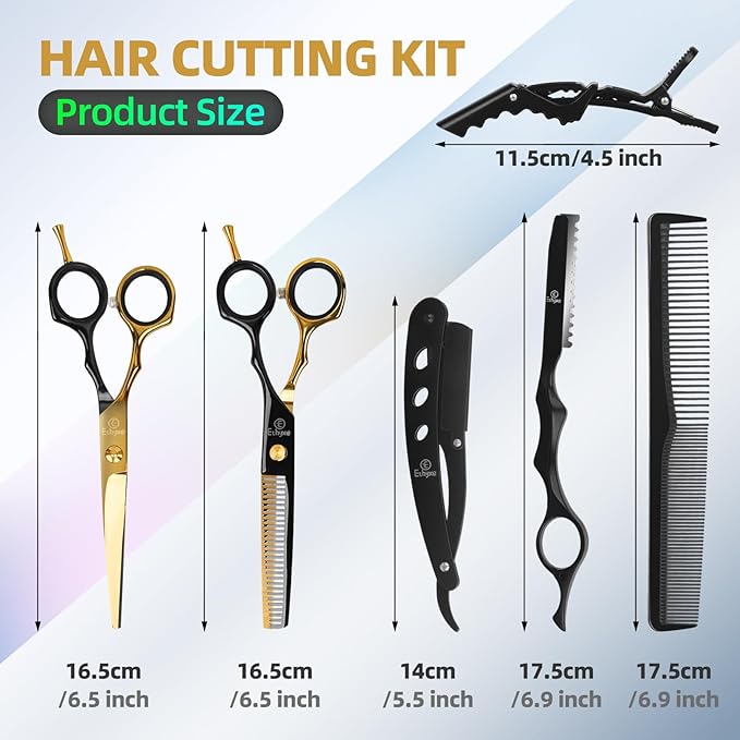 Ethyxe Hair Cutting Scissors Kit - 9 PCS Professional Haircut Scissors Set with Stainless Steel Straight and Thinning Shears for Home, Salon, and Barber Use (Black & Gold)