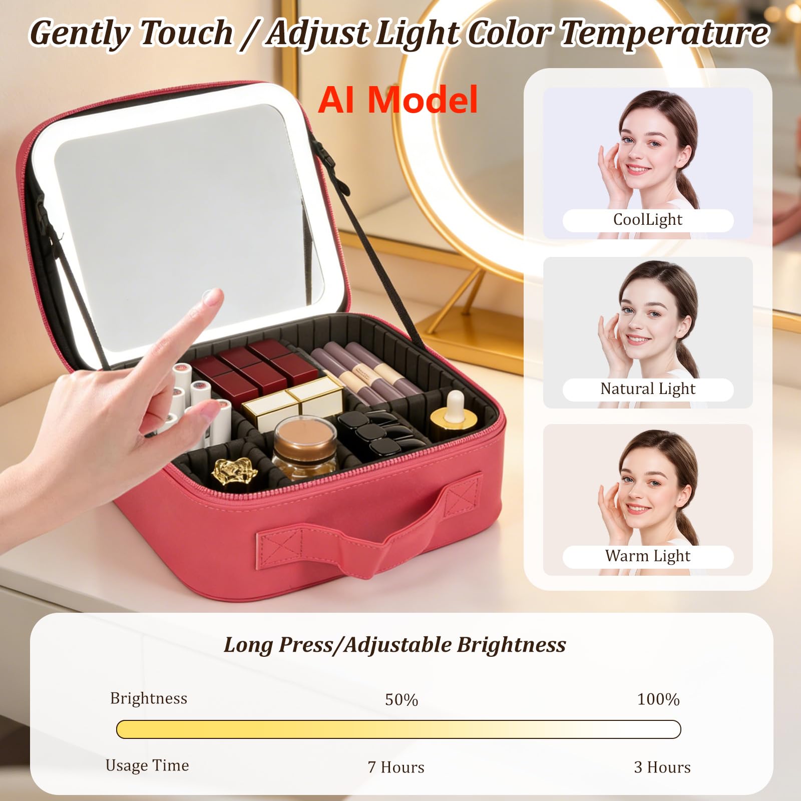 Yaliang Travel Makeup Bag, Portable Makeup Case with LED Mirror, Removable Mirror with 3 Color Modes, 8 Adjustable EVA Dividers for Brushes Toiletry Jewelry Digital Accessories, Barbie Pink