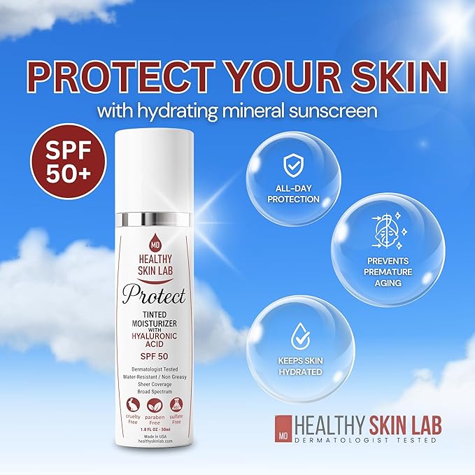 Healthy Skin Lab Protect Tinted Moisturizer SPF 50, Sheer Universal Tint, Lightweight Hydrating Mineral Sunscreen for Face, Hyaluronic Acid, Broad-Spectrum Daily SPF, Dermatologist-Tested, 1.8 oz
