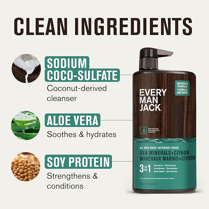 Every Man Jack 3-in-1 All Over Body Wash for Men, Sea Minerals Citron, 2pk