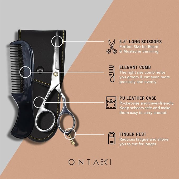 Ontaki Beard & Mustache Scissors & Combs for Men - 5.5" Silver, Right Hand