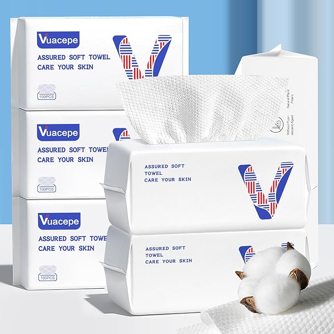 vuacepe Disposable Cotton Facial Towels, 600 Count Biodegradable Soft Dry Facial Tissue, Face Drying Towels for Skin Care, Makeup Remover, Disposable Face Cloths