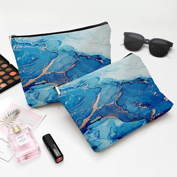 Givotin Small Makeup Bag for Purse Cute Canvas Waterproof Cosmetic Bags for Women Zipper Travel Toiletry Pouch-Blue Marble Makeup Bags
