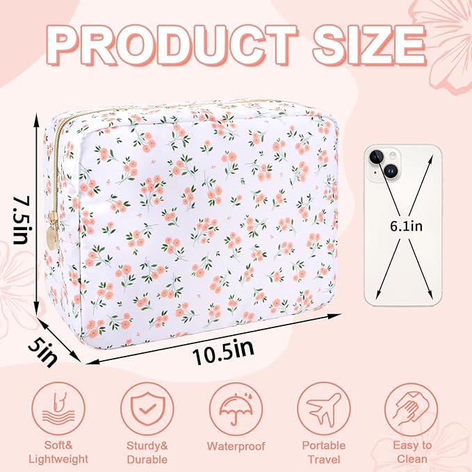 UIXIZQ Waterproof Large Floral Makeup Pouch,Nylon Travel Toiletry Storage Purse Preppy Cosmetic Bag for Women Girl,Large Capacity Makeup Organizer Zipper Pouch for Work(L White-Flowers)