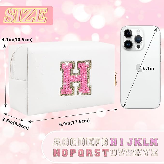 Personalized Initial Makeup Bag, Small Glitter Letter Patch Cosmetic Pouch Zipper, Preppy Makeup Organizer PU Waterproof Travel Toiletry Bag,Monogrammed Birthday Gift for Women Girls(Letter H)