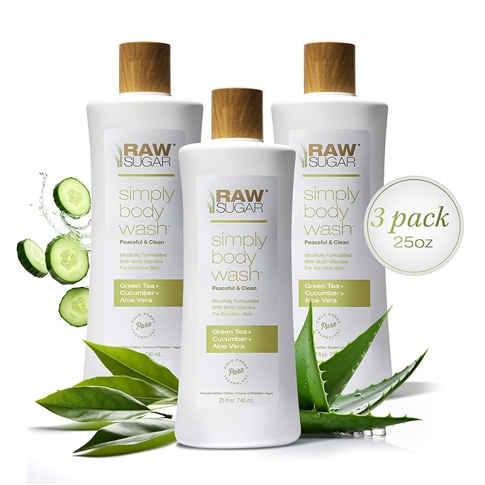 RAW SUGAR Green Tea Aloe Soother Gentle & Hydrating Body Wash, 25 Fl Oz (Pack of 3), Gentle & Soothing Bath & Shower Gel, Sensitive Skin-Friendly, Vegan, Formulated without SLS/SLES & Parabens