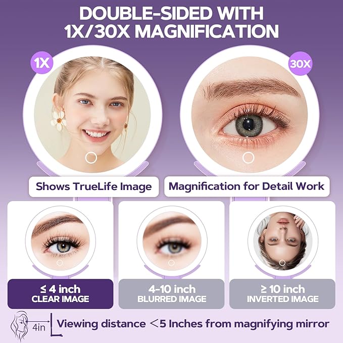MIYADIVA Lighted Makeup Mirror, 30X Magnifying Mirror with Light, Hanging and Handheld Mirror with Handle, Purple