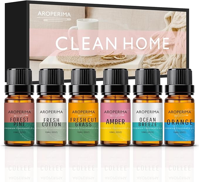 AROPERIMA Clean Home Fragrance Essential Oil Set - Forest Pine, Fresh Cut Grass, Fresh Cotton, Ocean Breeze, Orange, Amber 6x10ML Essential Oil for Diffusers, Soap Making and Candle