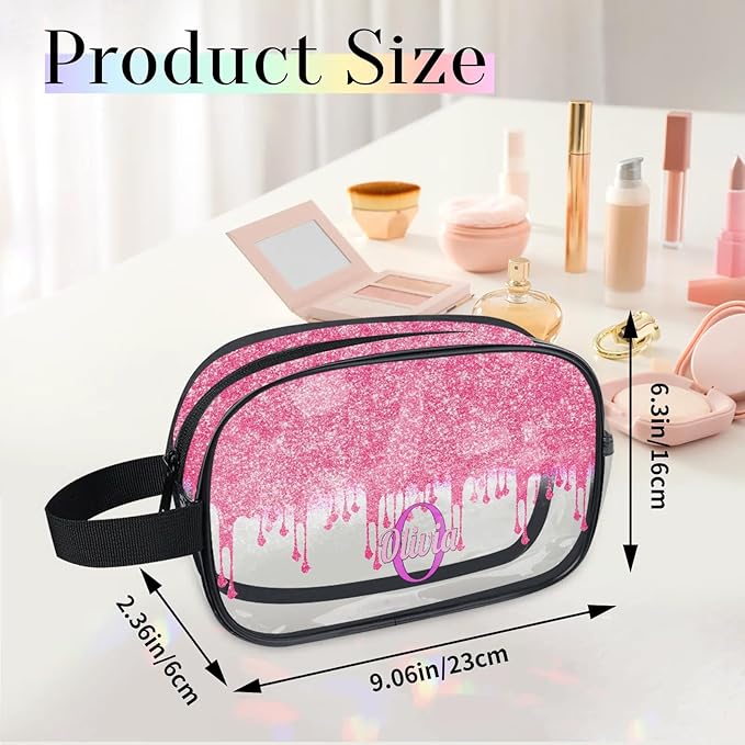 KFNHN Customized Travel Makeup Toiletry Bag, PVC Transparent Waterproof Large Cosmetic Bag Makeup Shaving Bag Organizer Case, Hot Pink Curtain Glittery