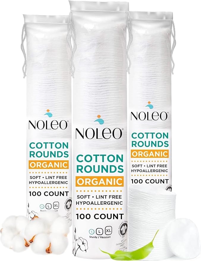 NOLEO Organic Cotton Rounds for Sensitive Skin, 100% Pure GOTS Certified Organic Cotton, Hypoallergenic, Lint-Free and Chlorine Bleach-Free, Made in Poland, 100 Count
