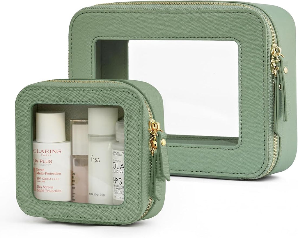 Popvibe Clear Makeup Bag with Zipper, Set of 2, Mini and Medium, Sage Green