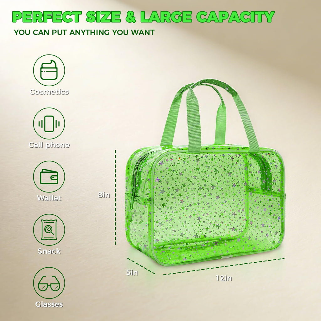 Junesters Large Clear Makeup Bag 12x5x8 Green Star Pattern - Waterproof PVC Travel Cosmetic Organizer with Handle, Durable Transparent Toiletry Case for Women Girls Travel Gym Beach Storage